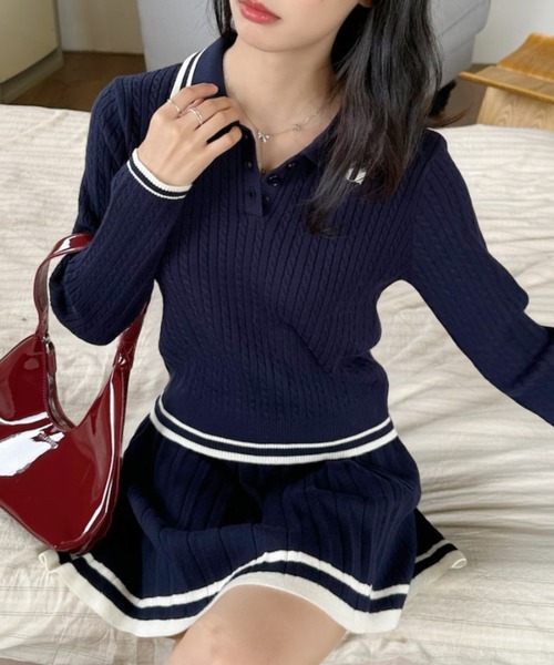 Ada.（エイダ）の「セットアップ ポロシャツ 配色ボーダー ニット（セットアップ・レディース・ネイビー/アイボリー/グレー・FREE）」の3枚目の写真
