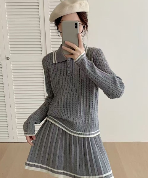 Ada.（エイダ）の「セットアップ ポロシャツ 配色ボーダー ニット（セットアップ・レディース・ネイビー/アイボリー/グレー・FREE）」の15枚目の写真