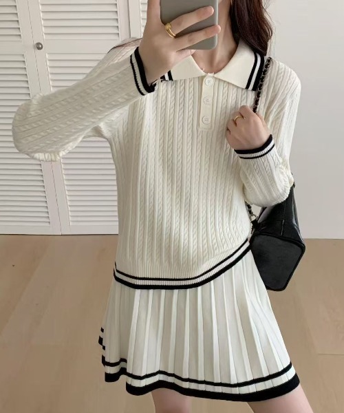 Ada.（エイダ）の「セットアップ ポロシャツ 配色ボーダー ニット（セットアップ・レディース・ネイビー/アイボリー/グレー・FREE）」の22枚目の写真