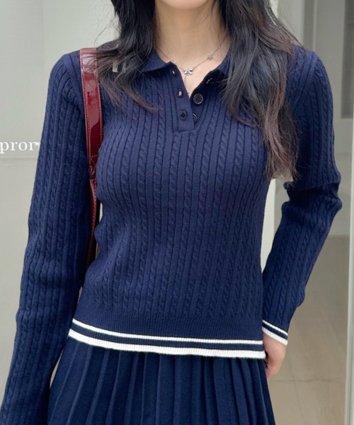 Ada.（エイダ）の「セットアップ ポロシャツ 配色ボーダー ニット（セットアップ・レディース・ネイビー/アイボリー/グレー・FREE）」の9枚目の写真