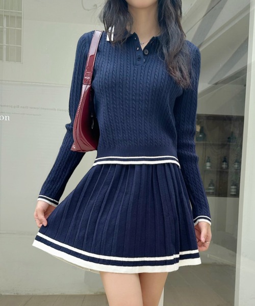 Ada.（エイダ）の「セットアップ ポロシャツ 配色ボーダー ニット（セットアップ・レディース・ネイビー/アイボリー/グレー・FREE）」の8枚目の写真