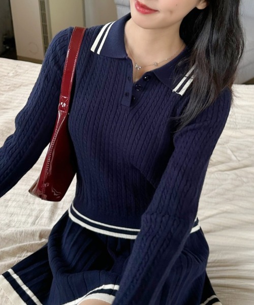 Ada.（エイダ）の「セットアップ ポロシャツ 配色ボーダー ニット（セットアップ・レディース・ネイビー/アイボリー/グレー・FREE）」の16枚目の写真