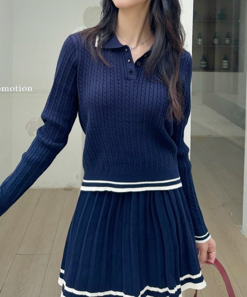 Ada.（エイダ）の「セットアップ ポロシャツ 配色ボーダー ニット（セットアップ・レディース・ネイビー/アイボリー/グレー・FREE）」の10枚目の写真