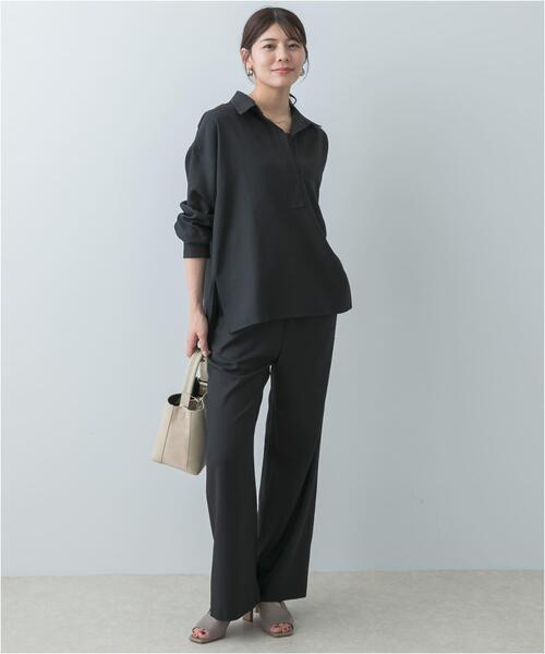 F by ROSSO(エフバイロッソ)の「F by ROSSO ウールライクスキッパーシャツ+セミフレアパンツ(セットアップ・レディース・ブラック/グレー・36/38)」の2枚目の写真