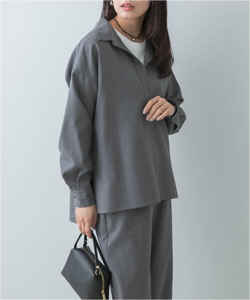 F by ROSSO(エフバイロッソ)の「F by ROSSO ウールライクスキッパーシャツ+セミフレアパンツ(セットアップ・レディース・ブラック/グレー・36/38)」の9枚目の写真