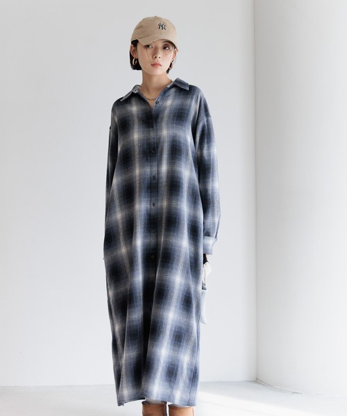 BAYFLOW(ベイフロー)の「チェックシャツワンピース(シャツワンピース・レディース・ネイビー/ベージュ/ブラック・FREE)」の1枚目の写真