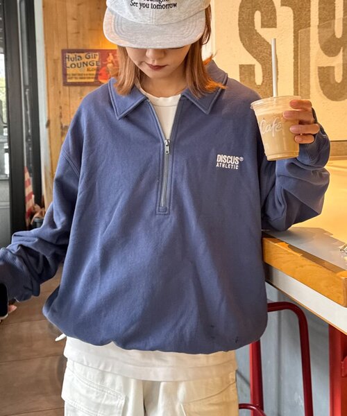 セール】【DISCUS】ユニセックス裏毛ハーフジッププルオーバー