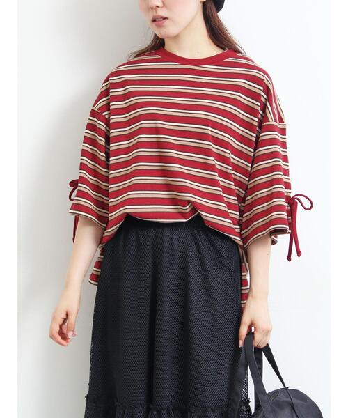 SM2（エスエムツー）の「マルチボーダー袖スリットリボンTシャツ（Tシャツ/カットソー・レディース・グリーン/レッド/ピンク/ネイビー/ベージュ・F）」の5枚目の写真