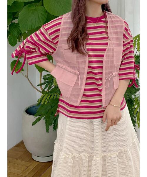 SM2（エスエムツー）の「マルチボーダー袖スリットリボンTシャツ（Tシャツ/カットソー・レディース・グリーン/レッド/ピンク/ネイビー/ベージュ・F）」の4枚目の写真