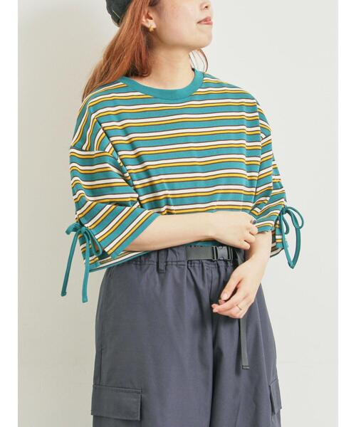 SM2（エスエムツー）の「マルチボーダー袖スリットリボンTシャツ（Tシャツ/カットソー・レディース・グリーン/レッド/ピンク/ネイビー/ベージュ・F）」の2枚目の写真