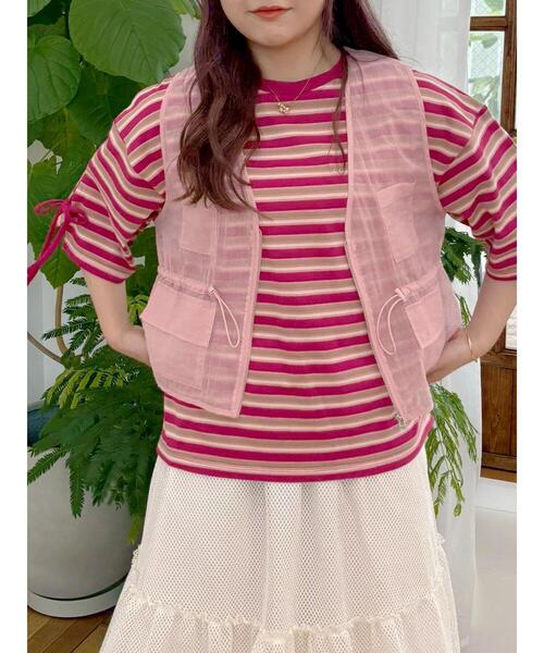 SM2（エスエムツー）の「マルチボーダー袖スリットリボンTシャツ（Tシャツ/カットソー・レディース・グリーン/レッド/ピンク/ネイビー/ベージュ・F）」の20枚目の写真