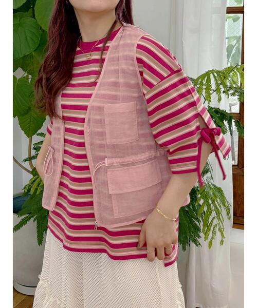 SM2（エスエムツー）の「マルチボーダー袖スリットリボンTシャツ（Tシャツ/カットソー・レディース・グリーン/レッド/ピンク/ネイビー/ベージュ・F）」の21枚目の写真