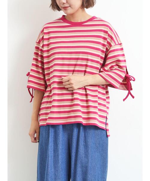 SM2（エスエムツー）の「マルチボーダー袖スリットリボンTシャツ（Tシャツ/カットソー・レディース・グリーン/レッド/ピンク/ネイビー/ベージュ・F）」の6枚目の写真