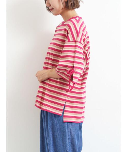 SM2（エスエムツー）の「マルチボーダー袖スリットリボンTシャツ（Tシャツ/カットソー・レディース・グリーン/レッド/ピンク/ネイビー/ベージュ・F）」の7枚目の写真