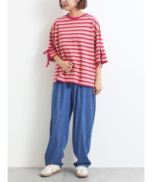 SM2（エスエムツー）の「マルチボーダー袖スリットリボンTシャツ（Tシャツ/カットソー・レディース・グリーン/レッド/ピンク/ネイビー/ベージュ・F）」の8枚目の写真