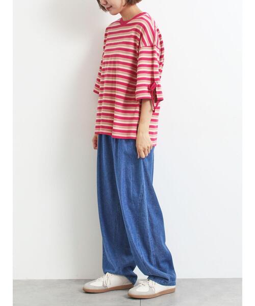 SM2（エスエムツー）の「マルチボーダー袖スリットリボンTシャツ（Tシャツ/カットソー・レディース・グリーン/レッド/ピンク/ネイビー/ベージュ・F）」の9枚目の写真