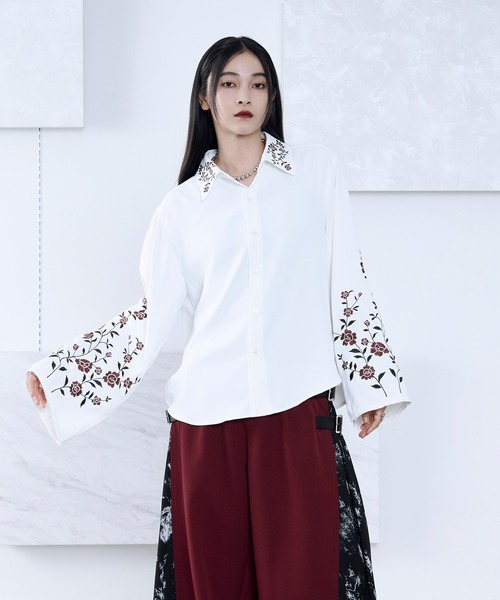ella  即完売   ロング スリット ブラウス  新型 セール】2wayアームスリットフラワー刺繍ドレープシャツ（シャツ
