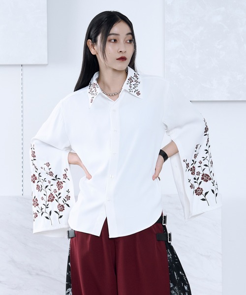 Ellno Loset（エルノロゼット）の「2wayアームスリットフラワー刺繍ドレープシャツ（シャツ/ブラウス・メンズ・ブラック/ブルーグレー/オフホワイト/グレー・SMALL/MEDIUM/LARGE）」の17枚目の写真