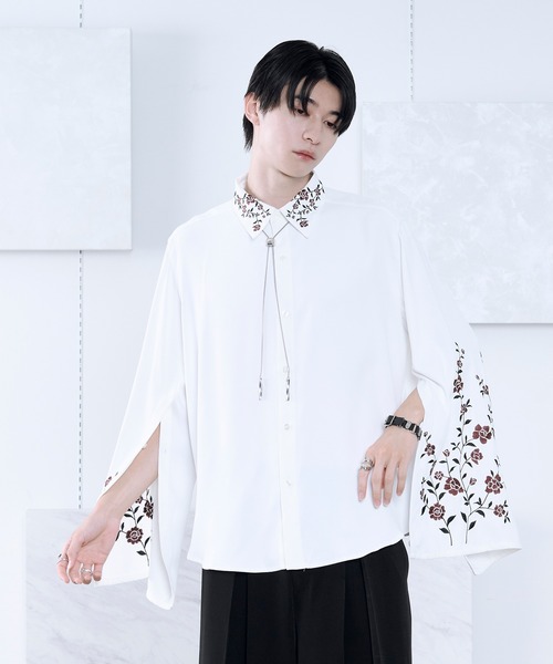 Ellno Loset（エルノロゼット）の「2wayアームスリットフラワー刺繍ドレープシャツ（シャツ/ブラウス・メンズ・ブラック/ブルーグレー/オフホワイト/グレー・SMALL/MEDIUM/LARGE）」の8枚目の写真
