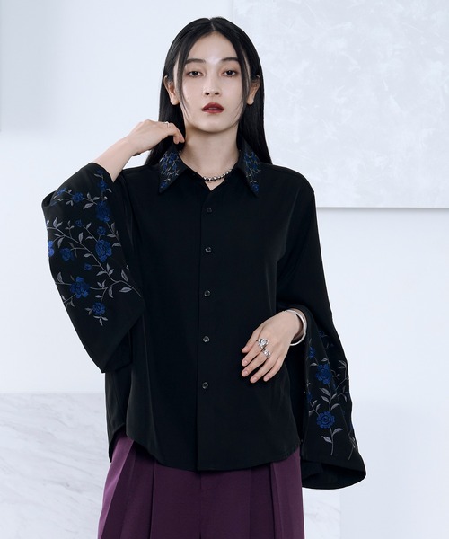 セール】2wayアームスリットフラワー刺繍ドレープシャツ（シャツ