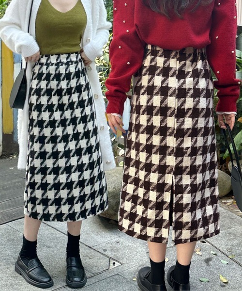 shoppinggo(ショッピングゴー)の「スカート 千鳥格子 チェック ペンシルスカート ロング丈 ひざ下丈 カジュアル(スカート・レディース・ブラック/ブラウン・FREE)」の19枚目の写真