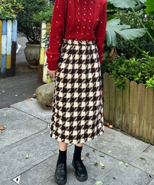 shoppinggo(ショッピングゴー)の「スカート 千鳥格子 チェック ペンシルスカート ロング丈 ひざ下丈 カジュアル(スカート・レディース・ブラック/ブラウン・FREE)」の10枚目の写真