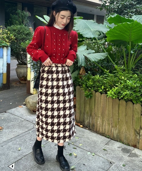 shoppinggo(ショッピングゴー)の「スカート 千鳥格子 チェック ペンシルスカート ロング丈 ひざ下丈 カジュアル(スカート・レディース・ブラック/ブラウン・FREE)」の9枚目の写真
