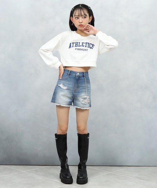 PINKHUNT（ピンクハント）の「PINKHUNT ピンクハント カレッジロゴショート丈トレーナー 0951K（ボトムス別売）（スウェット・キッズ・ブラック/ライトブルー/オフホワイト・120cm/130cm/140cm/150cm/160cm）」の9枚目の写真