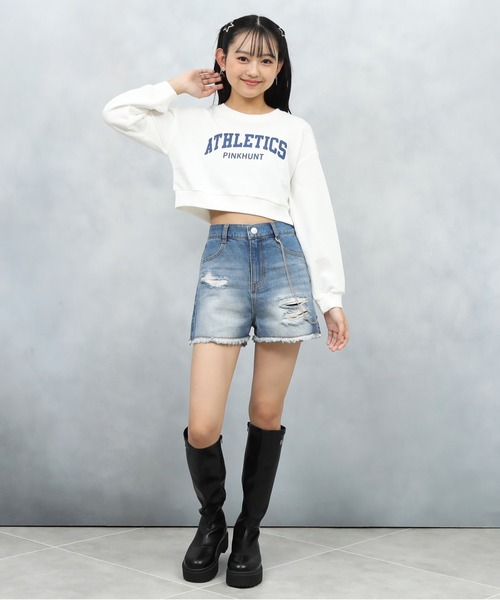 PINKHUNT（ピンクハント）の「PINKHUNT ピンクハント カレッジロゴショート丈トレーナー 0951K（ボトムス別売）（スウェット・キッズ・ブラック/ライトブルー/オフホワイト・120cm/130cm/140cm/150cm/160cm）」の12枚目の写真