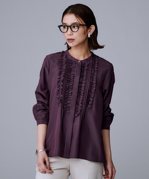 1枚で着映え/オンオフ着回し】フリルサテンブラウス（シャツ