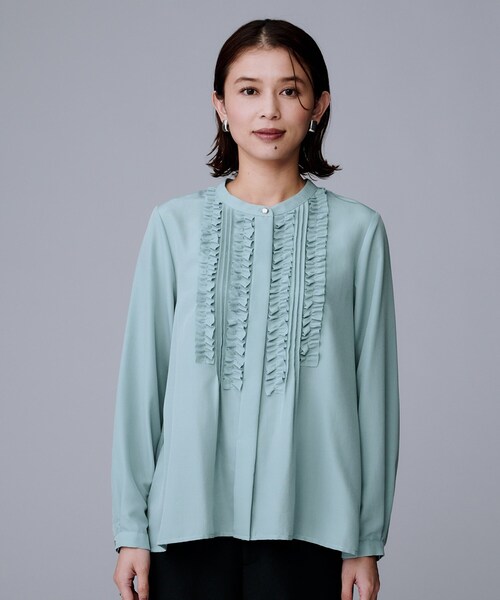 1枚で着映え/オンオフ着回し】フリルサテンブラウス（シャツ