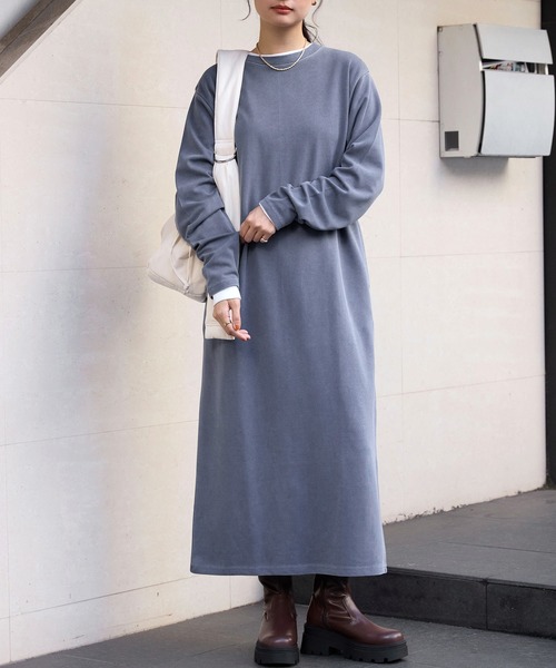 <アンチピリング/ウォッシャブル>ヴィンテージライク ダンボールカットソーロングスリットワンピース