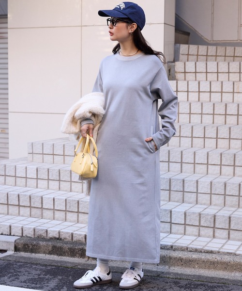 <アンチピリング/ウォッシャブル>ヴィンテージライク ダンボールカットソーロングスリットワンピース