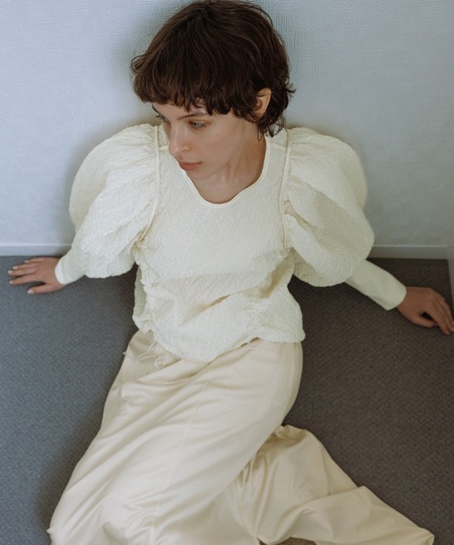 セール】ジャガードコンビギャザートップス（Tシャツ/カットソー