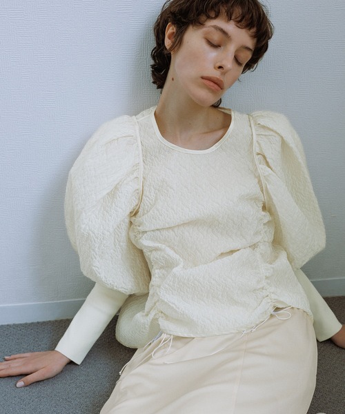 アダムエロペ（ADAM ET ROPE’）/ジャガードコンビギャザートップス セール】ジャガードコンビギャザートップス（Tシャツ/カットソー