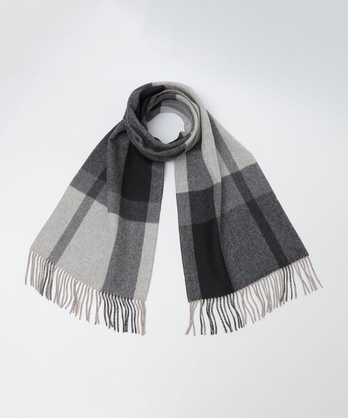 グレー×ブラック ダブルフェイス マフラー 刺繍入り SHIPS（シップス） マフラー SHIPS: 「チェック」カシミヤ ダブル