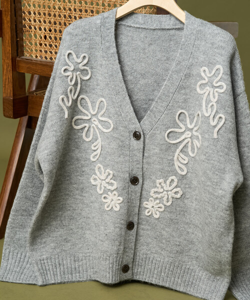 セール】配色 コード刺繍 花柄 ニット カーディガン（カーディガン