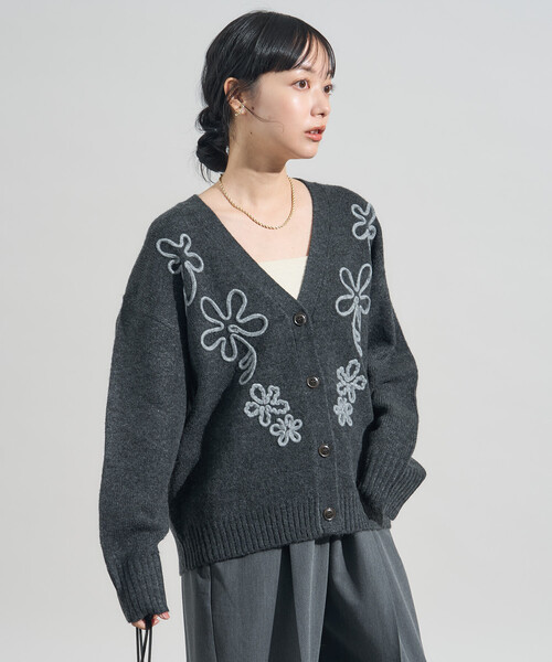 配色 コード刺繍 花柄 ニット カーディガン（カーディガン/ボレロ