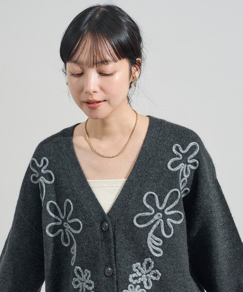 配色 コード刺繍 花柄 ニット カーディガン（カーディガン/ボレロ