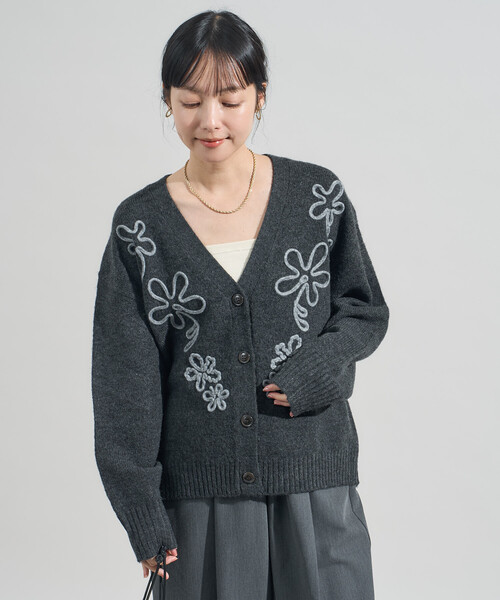 配色 コード刺繍 花柄 ニット カーディガン（カーディガン/ボレロ