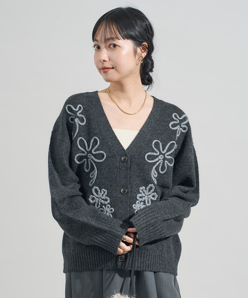配色 コード刺繍 花柄 ニット カーディガン（カーディガン/ボレロ