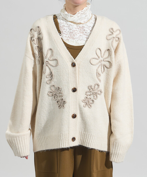 セール】配色 コード刺繍 花柄 ニット カーディガン（カーディガン
