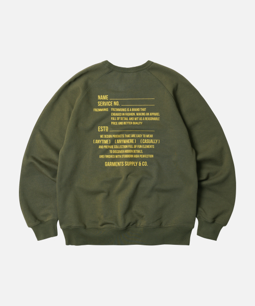 FRIZMWORKS(フリズムワークス)の「SERVICE LABEL SWEATSHIRT _ OLIVE(スウェット・メンズ・その他・SMALL/MEDIUM/LARGE/X-LARGE)」の1枚目の写真