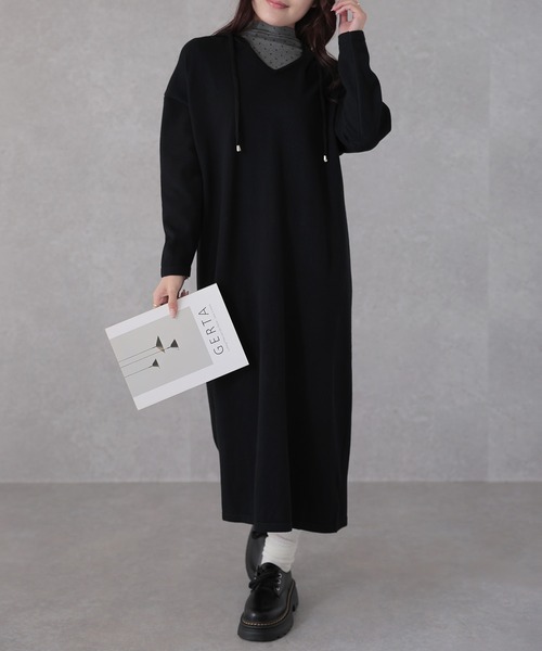 Lace Ladies(レースレディース)の「ボーダー柄 フーデット 長袖 ニット ワンピース(ワンピース・レディース・ブラック/ブラック×ホワイト/ホワイト×ブラック・FREE)」の2枚目の写真
