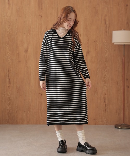 Lace Ladies(レースレディース)の「ボーダー柄 フーデット 長袖 ニット ワンピース(ワンピース・レディース・ブラック/ブラック×ホワイト/ホワイト×ブラック・FREE)」の18枚目の写真