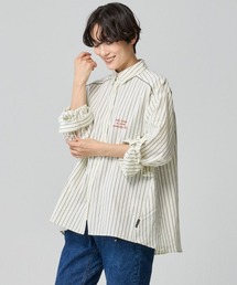 ロールアップ ストライプシャツ / ビッグシルエットシャツ（シワになりにくい・英字刺繍・Aライン）