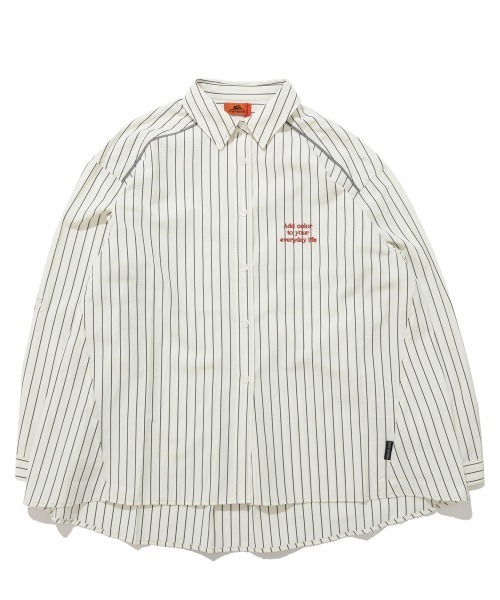 KRIFF MAYER Lady's Collection（クリフメイヤーレディースコレクション）の「ロールアップ ストライプシャツ / ビッグシルエットシャツ（シワになりにくい・英字刺繍・Aライン）（シャツ/ブラウス・レディース・サックスブルー/ベージュ/ピンク/オフホワイト・MEDIUM/LARGE）」の16枚目の写真