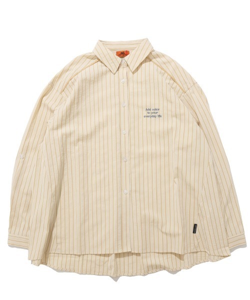 KRIFF MAYER Lady's Collection（クリフメイヤーレディースコレクション）の「ロールアップ ストライプシャツ / ビッグシルエットシャツ（シワになりにくい・英字刺繍・Aライン）（シャツ/ブラウス・レディース・サックスブルー/ベージュ/ピンク/オフホワイト・MEDIUM/LARGE）」の6枚目の写真