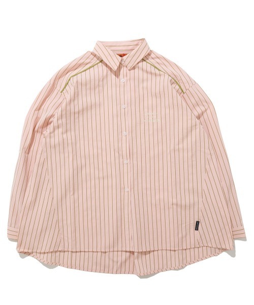 KRIFF MAYER Lady's Collection（クリフメイヤーレディースコレクション）の「ロールアップ ストライプシャツ / ビッグシルエットシャツ（シワになりにくい・英字刺繍・Aライン）（シャツ/ブラウス・レディース・サックスブルー/ベージュ/ピンク/オフホワイト・MEDIUM/LARGE）」の8枚目の写真