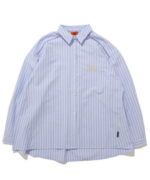 KRIFF MAYER Lady's Collection（クリフメイヤーレディースコレクション）の「ロールアップ ストライプシャツ / ビッグシルエットシャツ（シワになりにくい・英字刺繍・Aライン）（シャツ/ブラウス・レディース・サックスブルー/ベージュ/ピンク/オフホワイト・MEDIUM/LARGE）」の10枚目の写真